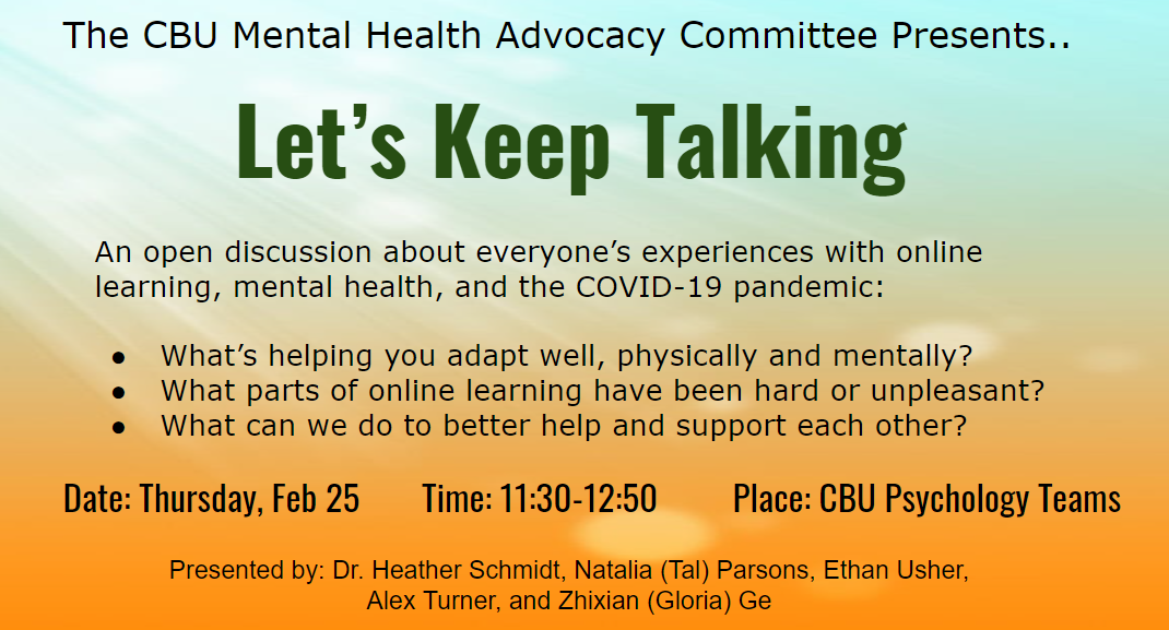 Read more about the article Event: Let’s Keep Talking – Experiences with Online Learning, Mental Health, & the COVID-19 Pandemic
